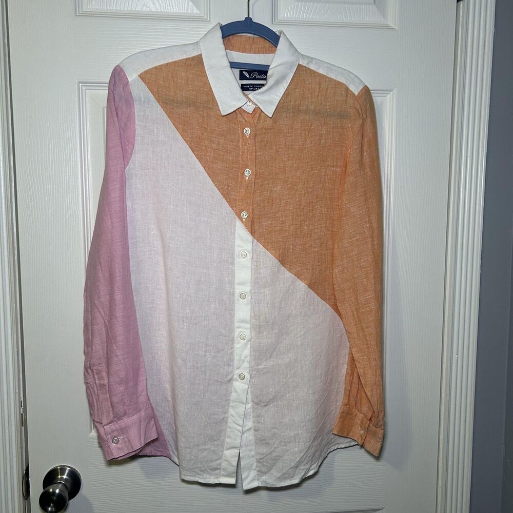 Poeta Shirt Mens XL Colorblock Pink Orange White 100% Linen Button Front NWOT